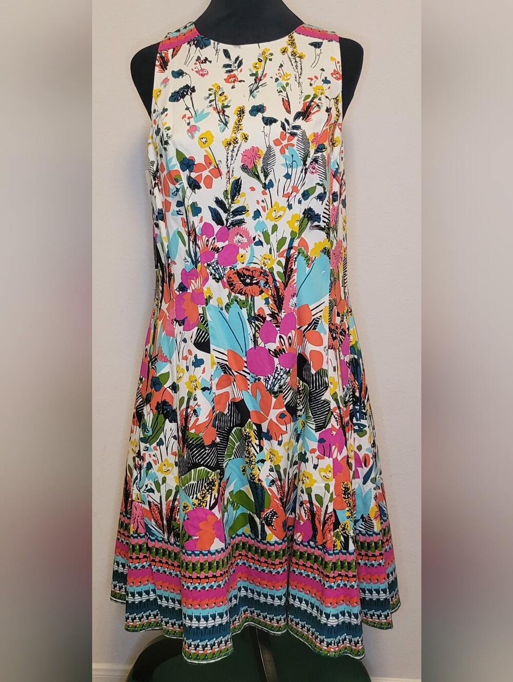 Maggy London White Floral A-Line Dress with Turquoise & Pink Accents